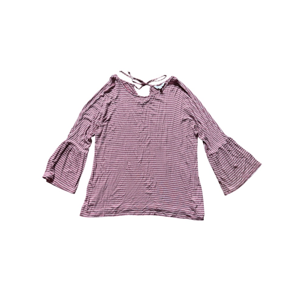 Mauve Striped Bell Sleeve Tie Back Knit Top Womens Size Large Casual Blouse
